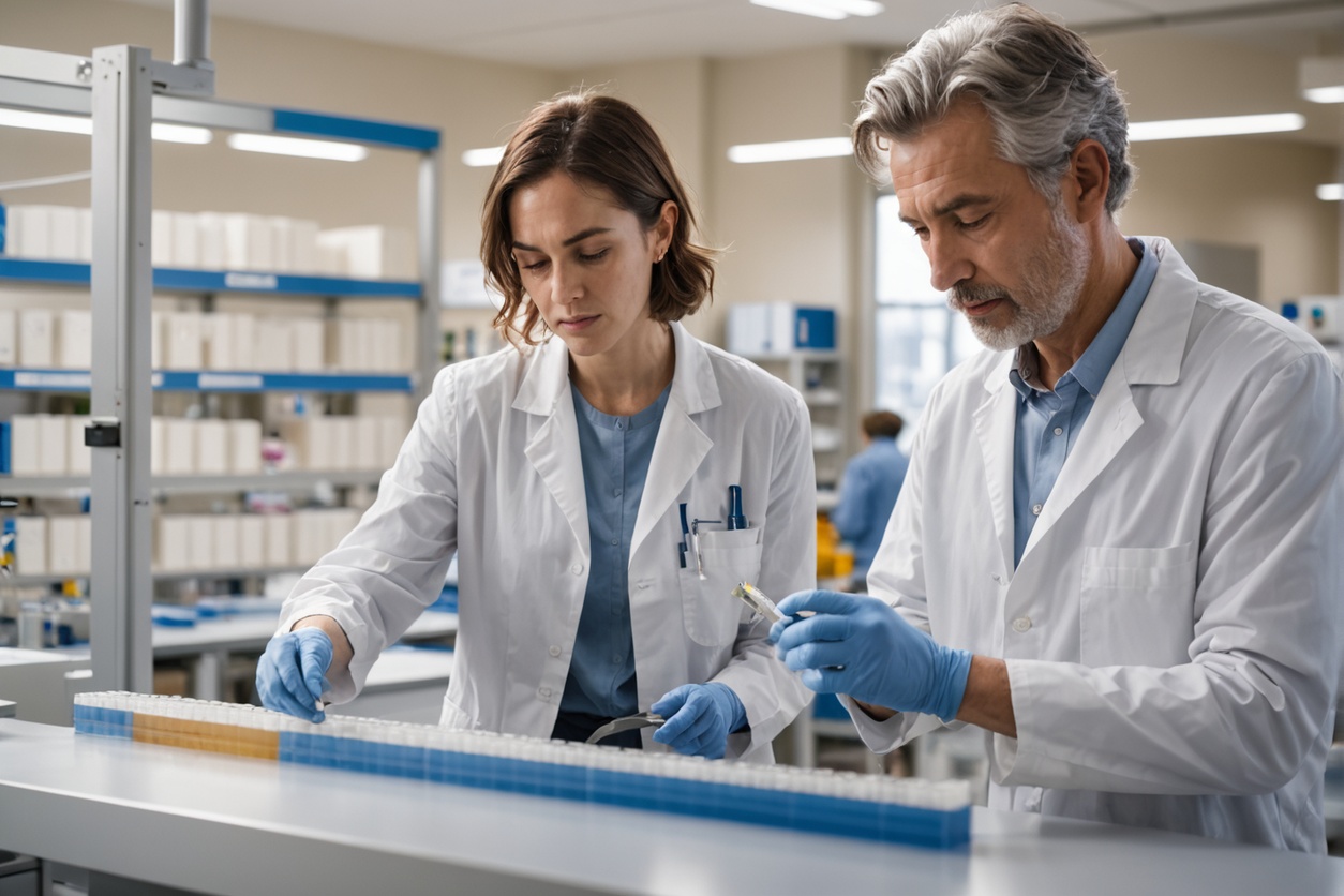 Laboratory professionals working together at a clean research bench.
