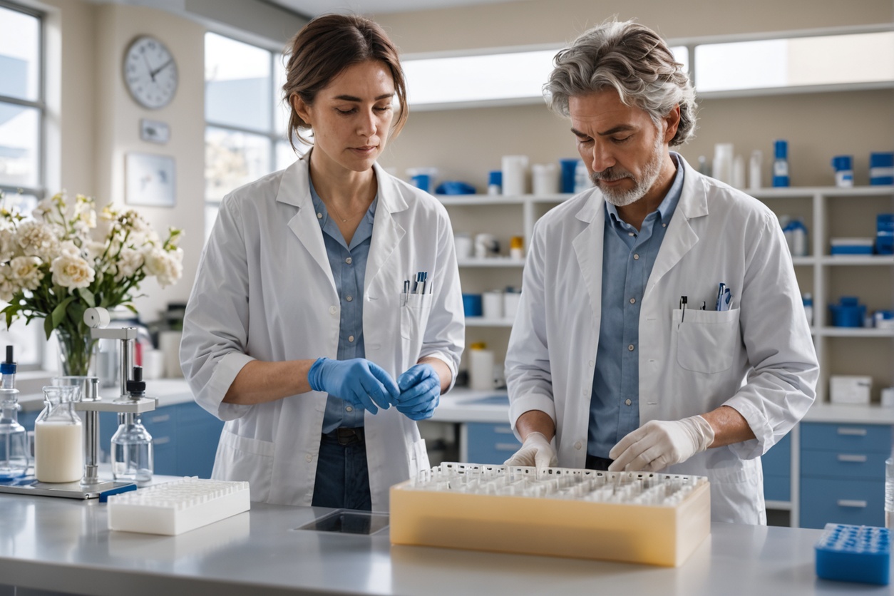 Laboratory professionals working together at a clean research bench.
