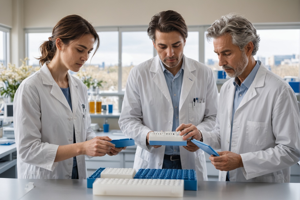 Laboratory professionals working together at a clean research bench.