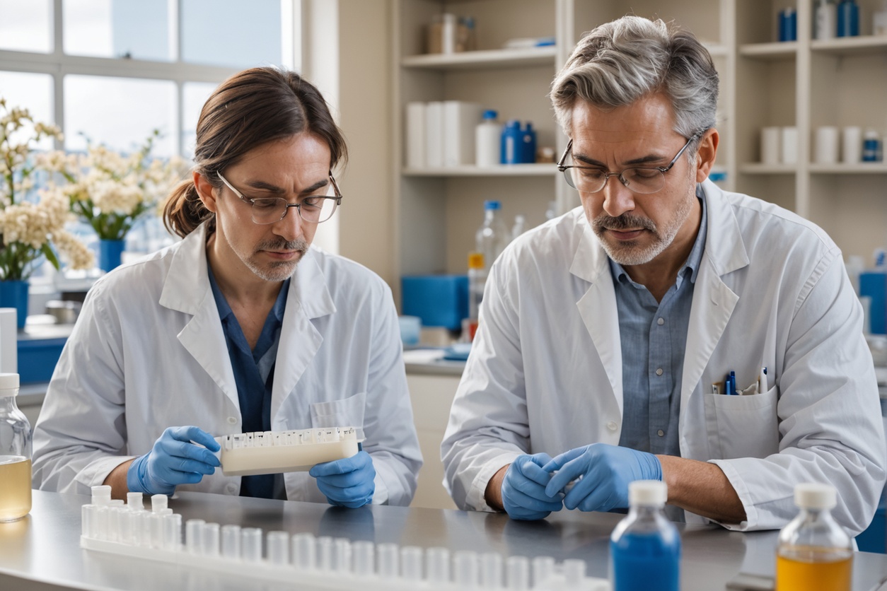 Laboratory professionals working together at a clean research bench.