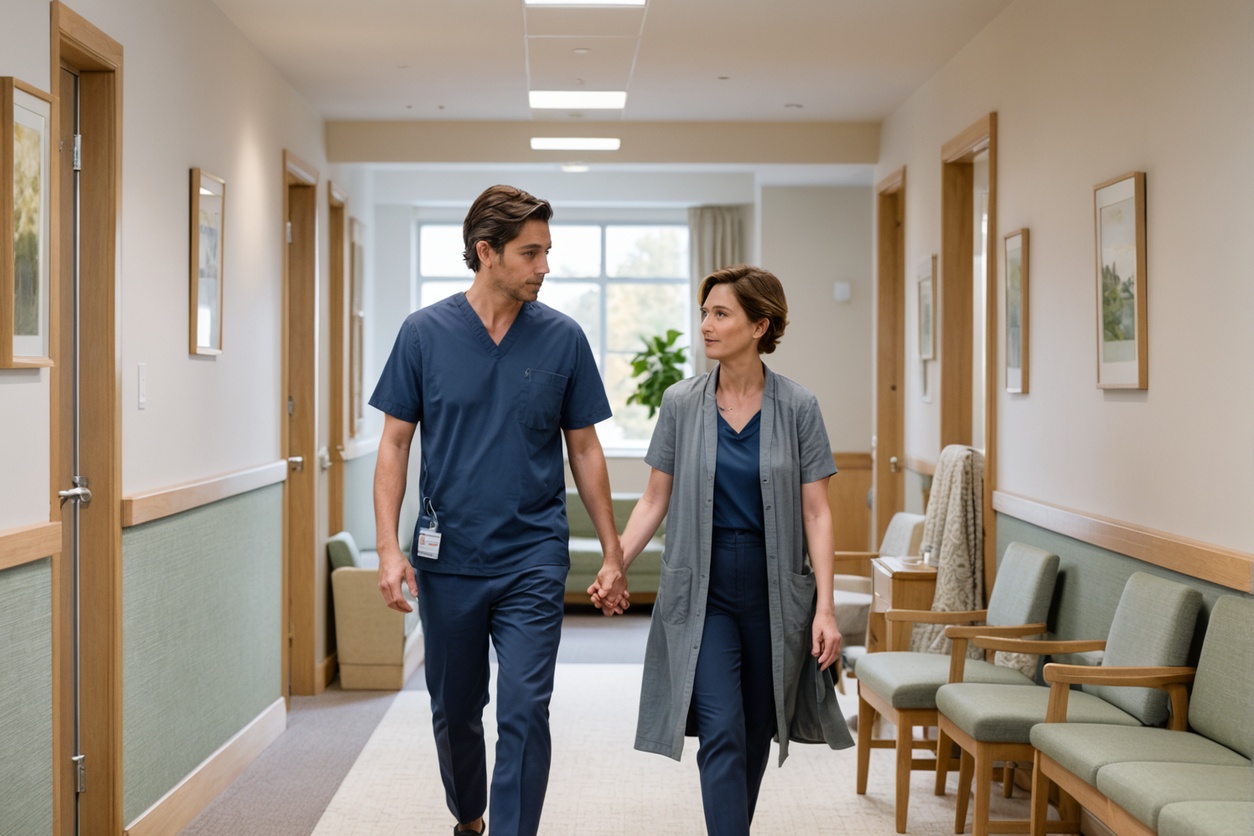 A healthcare professional and an adult in a natural care conversation.